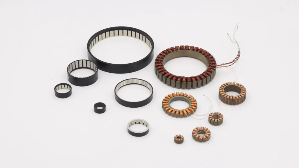 Frameless torque motor kits showing separate stator and rotor components for both inrunner and outrunner configurations, designed for compact robotic joint integration