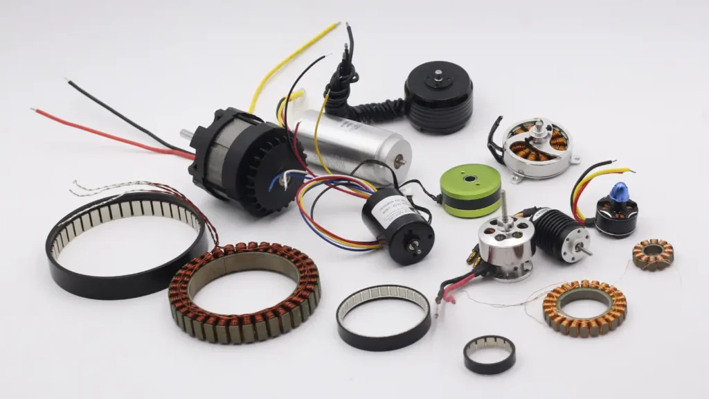 A collection of various brushless DC motors (BLDC) and components including stators, rotors, and custom motor solutions for industrial and robotic applications