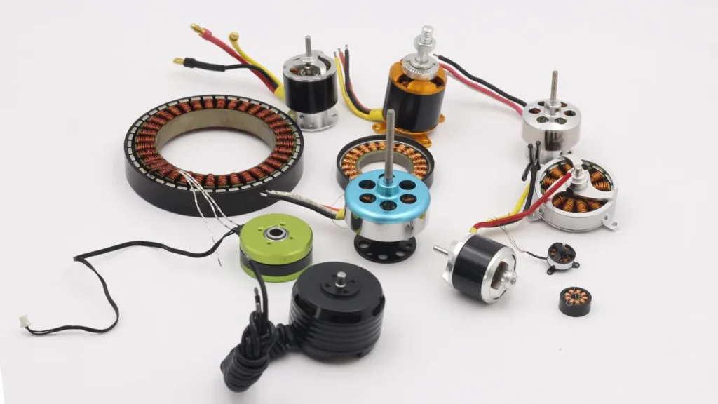 High-torque outrunner brushless DC motors in both framed and frameless versions, showing the internal copper windings and permanent magnet rotor rings for robotic integration