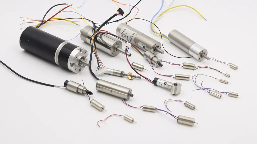 A collection of precision coreless DC motors ranging from 3.2mm to 60mm diameter, including brushed and brushless versions with integrated planetary gearboxes, encoders, and drivers
