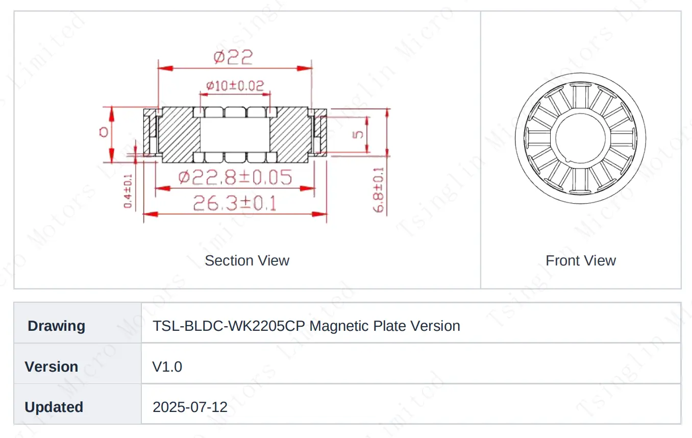 TSL-BLDC-WK2205 12v frameless motor technical specification and drawing