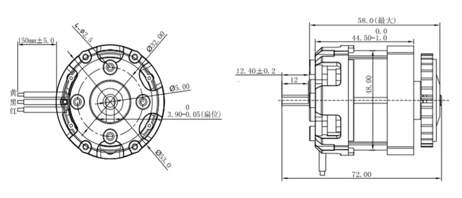 Technical dimension drawing of 18v brushless dc motor 53mm