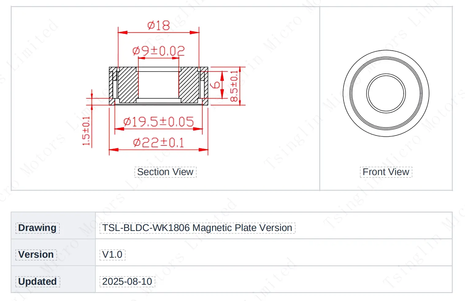 TSL-BLDC-WK1806 22mm frameless bldc motor specification and dimension drawing