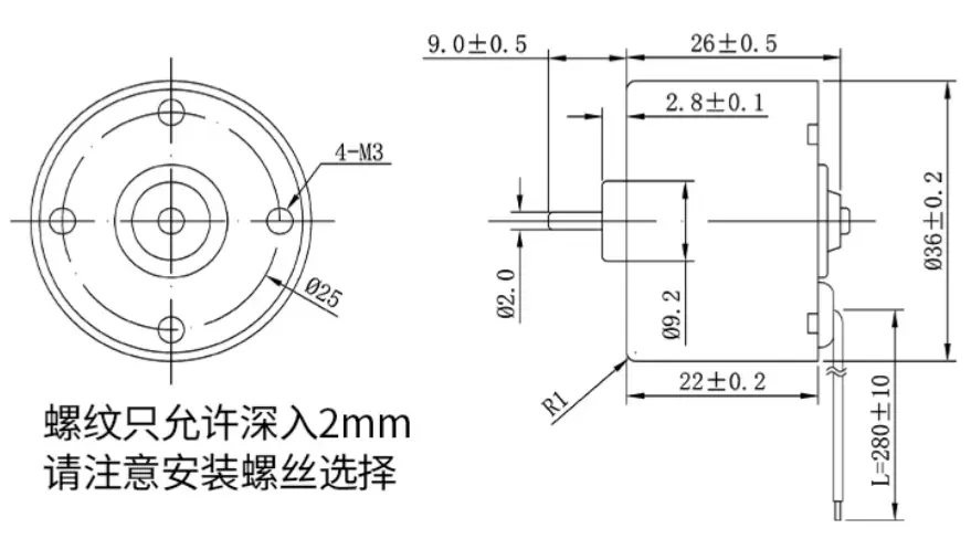 Close-up view of TSL-BLDC-3650 motor customized with a 2mm diameter steel shaft