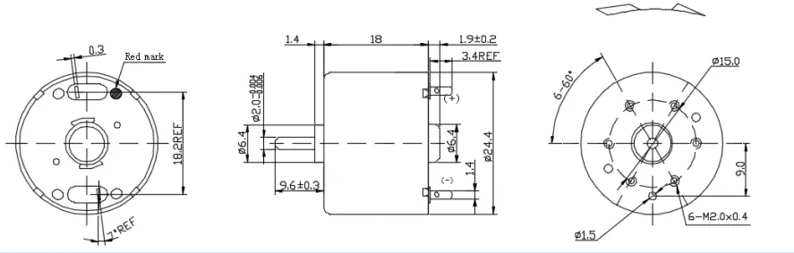 Technical 2D dimensions drawing of RK-310CA micro DC motor with 18mm body length