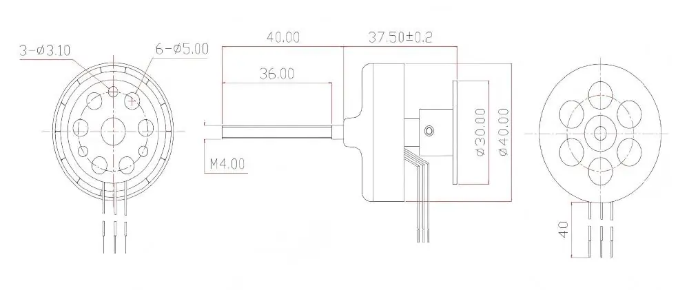 Technical dimension drawing and specifications of D4018 drone electric motor