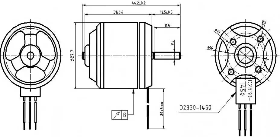 Technical dimension drawing of TSL-BLDC-D2830-1450KV bldc drone motor showing outer diameter and mounting holes