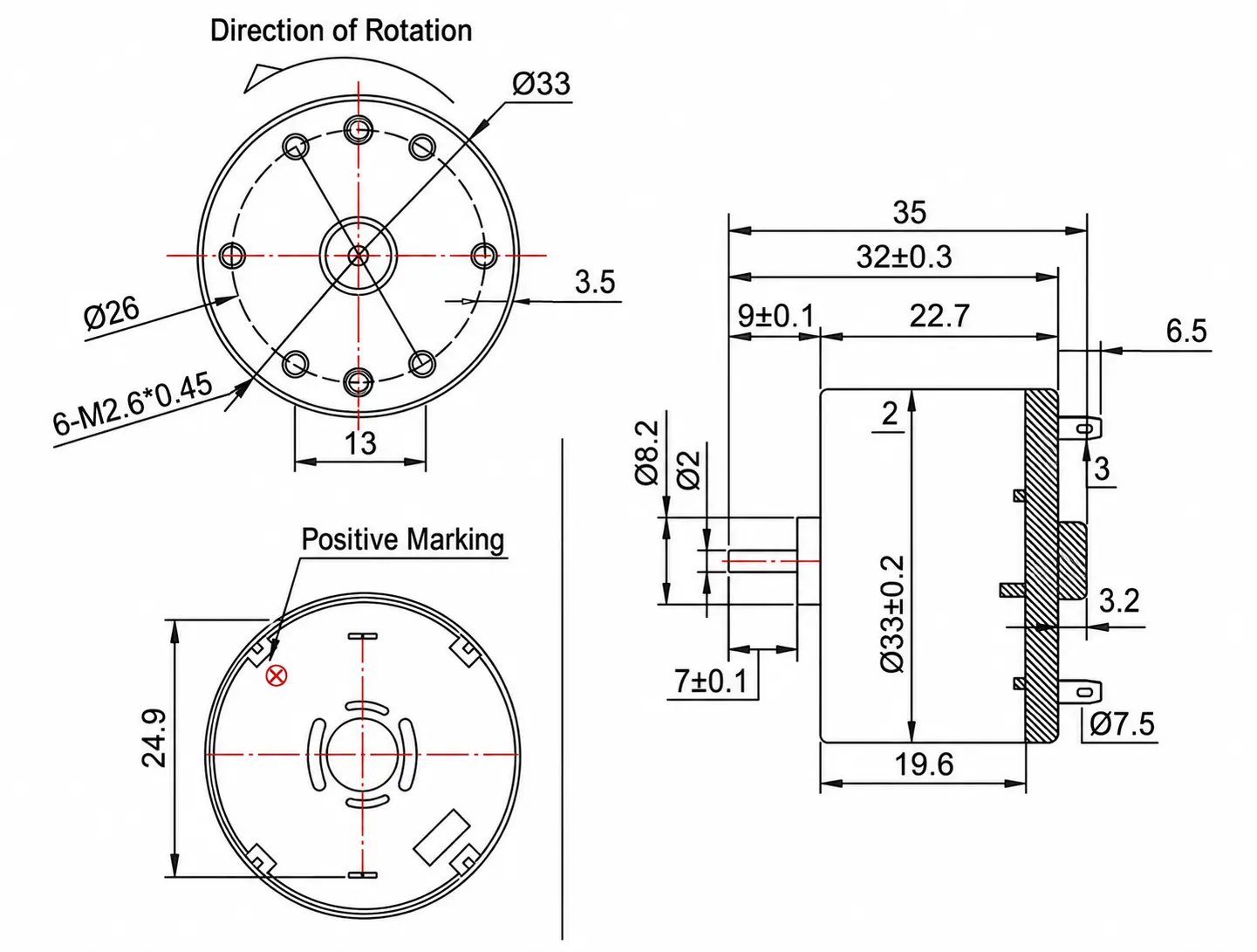 Technical 2D drawing and outer dimensions of TSL 520 dc motor 33mm diameter