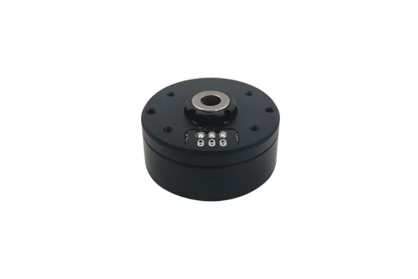 Rear view of the brushless gimbal motor showing the connection pins and central rotary magnet mechanism