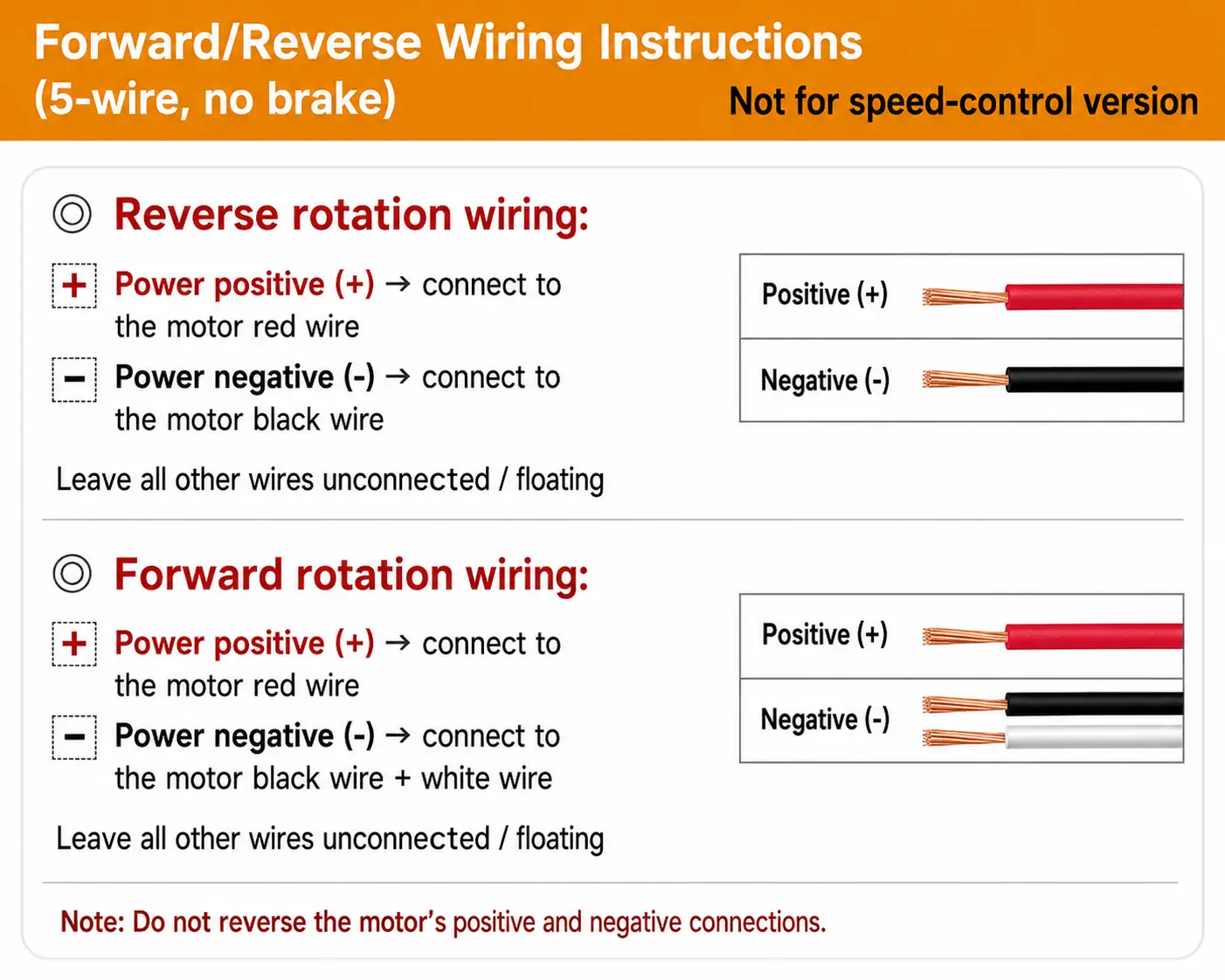 Forward and reverse rotation wiring instructions for a 5-wire brushless DC motor without brake