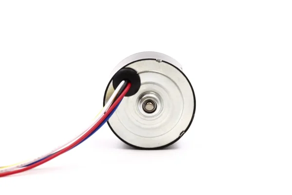 Bottom view of TSL-BLDC-3625 motor showing the rear wire exit and color coded leads