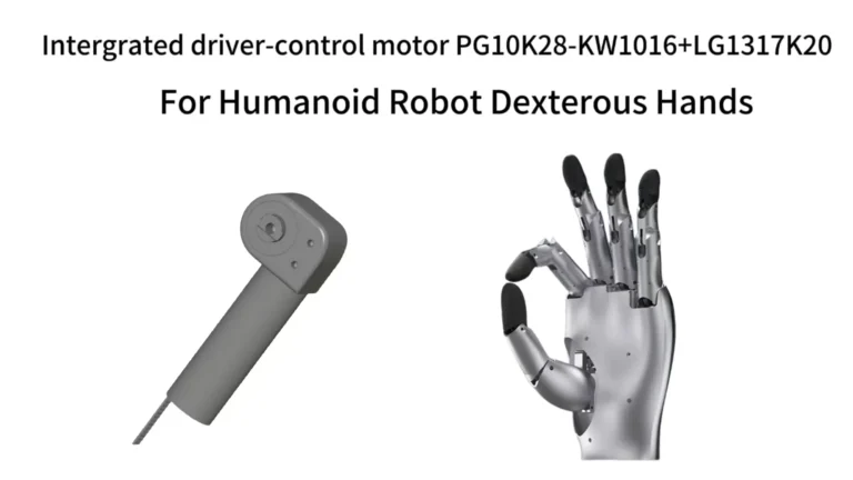 G10K28-KW1016+LG1317K20 integrated driver-control coreless cup motor module displayed alongside a robotic humanoid dexterous hand performing a fine manipulation gesture