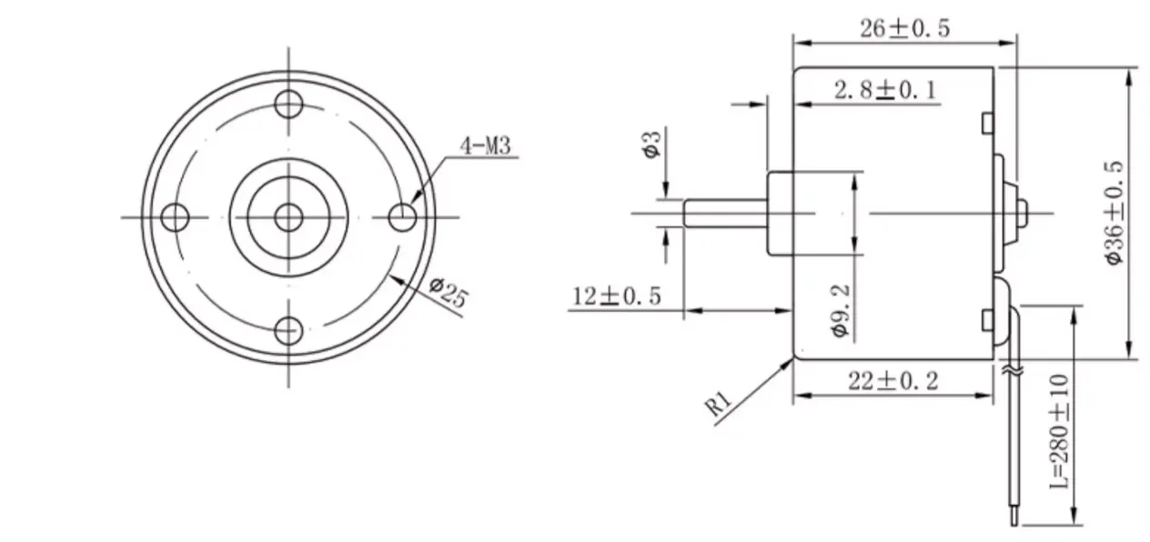 TSL-BLDC-3650 long shaft brushless DC motor with a 12mm custom shaft length