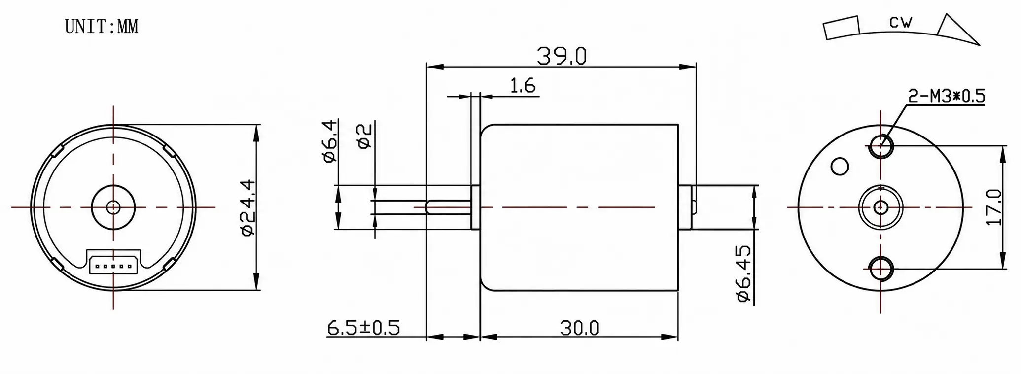 Dimensional outline drawing of 2430 micro brushless DC motor with 6.5mm shaft length