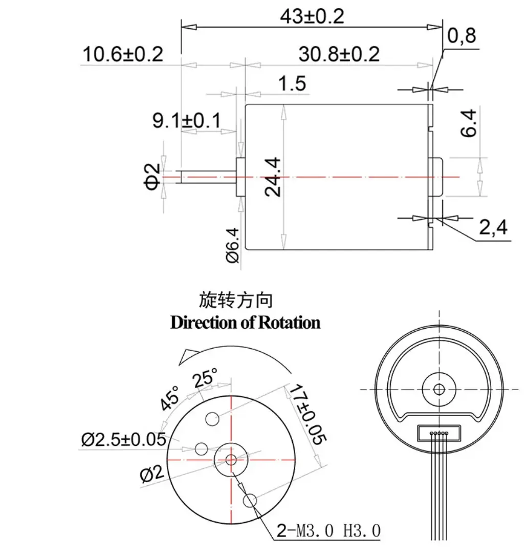 Dimensional outline drawing of 2430 micro brushless DC motor with 9.1mm shaft length
