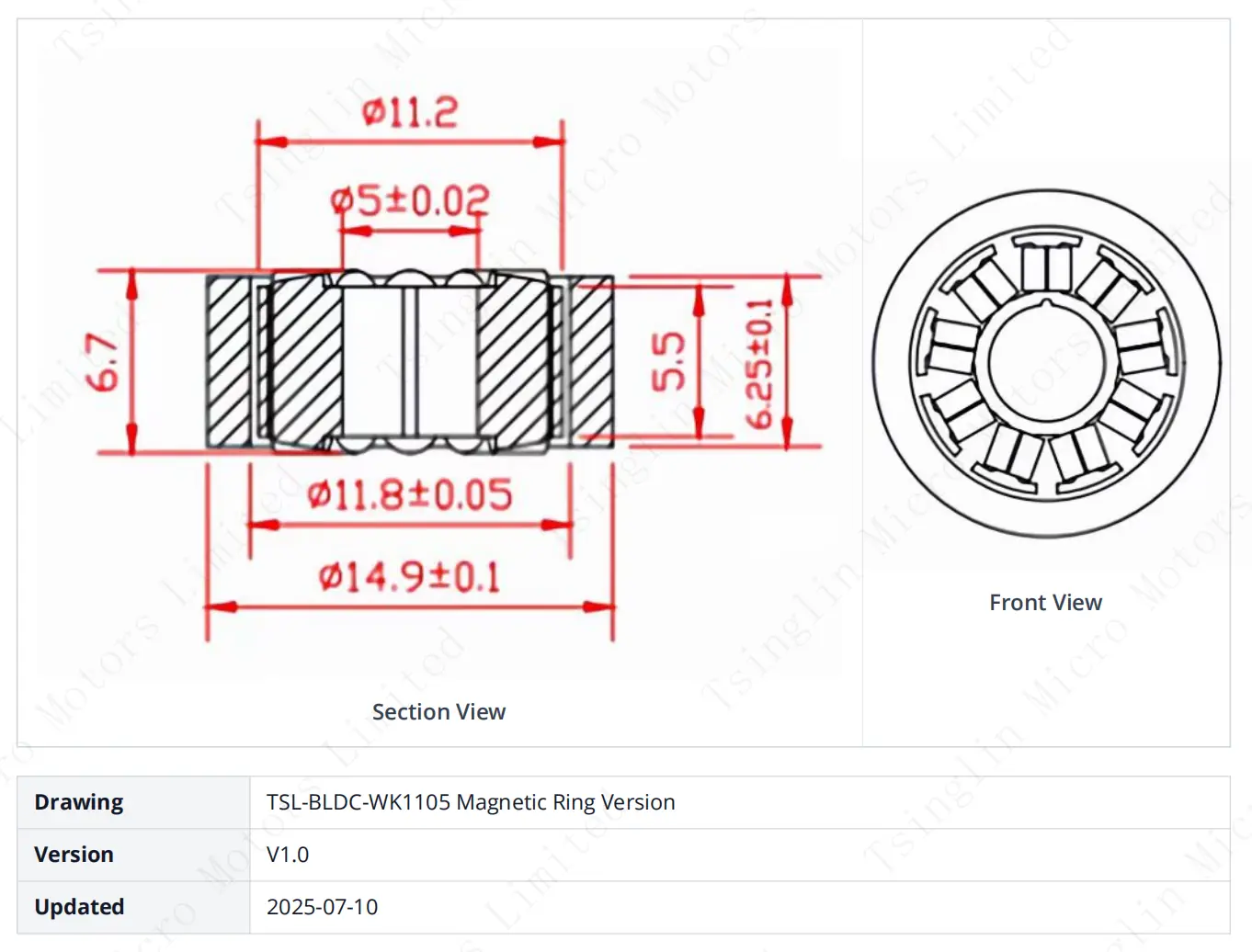TSL-BLDC-WK1105 Frameless Torque Motor Specifications