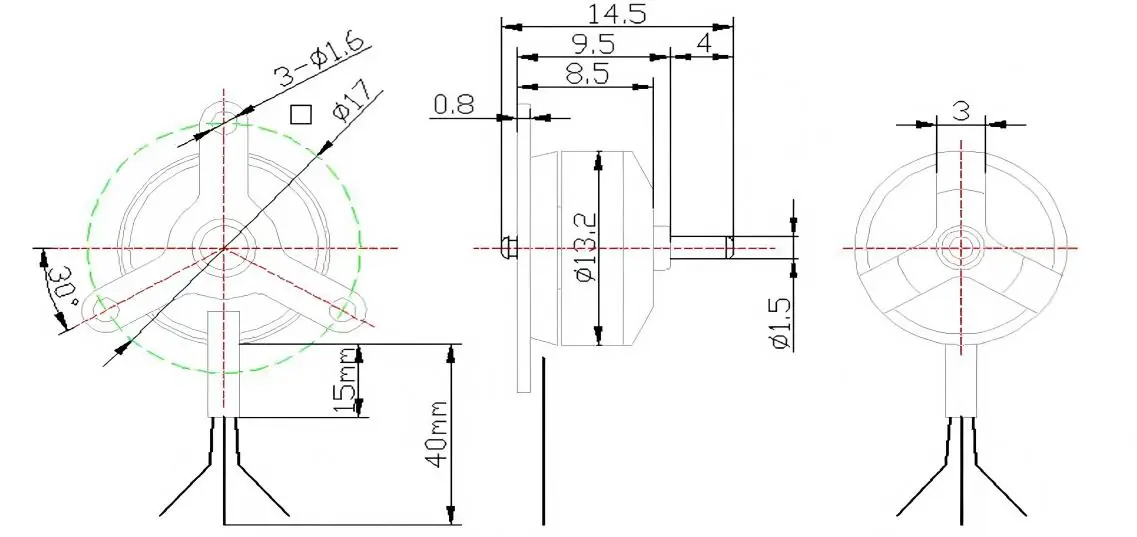 TSL-BLDC-A1309 small drone motor technical drawing and 2D dimensions