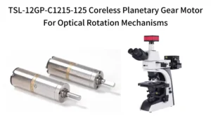 TSL-12GP-C1215 coreless planetary gear motor shown alongside a professional microscope for optical rotation applications