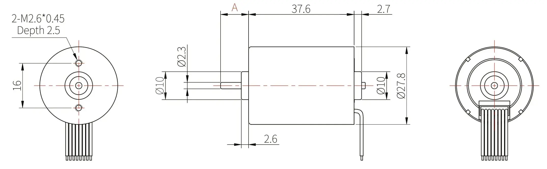 tsl bldc 2838 low voltage brushless dc motor dimensions Technical dimensional drawing of TSL-BLDC-2838 low voltage brushless DC motor showing a 27.8mm diameter and 37.6mm body length