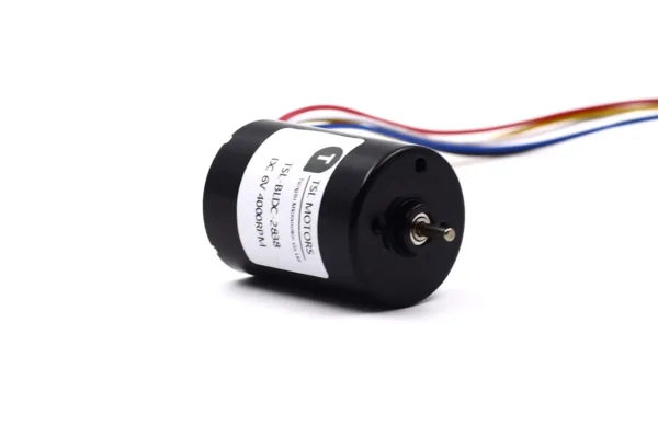 tsl bldc 2838 low voltage brushless dc motor front view Front isometric view of TSL-BLDC-2838 low voltage brushless DC motor highlighting the 2.3mm output shaft and M2.6 mounting holes