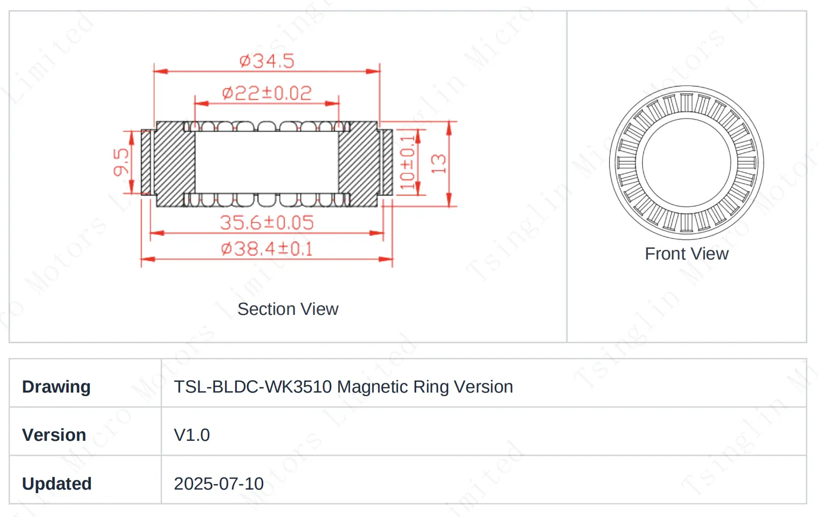 TSL-BLDC-3510-WK3510CH-9 magnetic ring frameless outrunner motor specifications drawing
