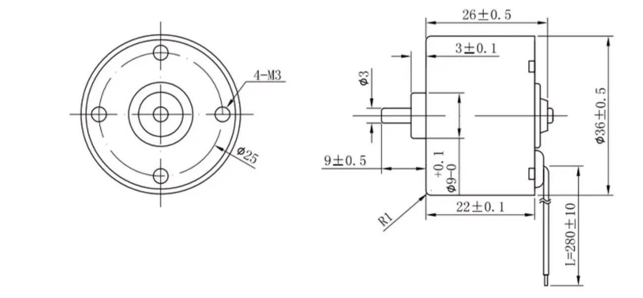 Side view of TSL-BLDC-3650 brushless motor featuring a 9mm long output shaft