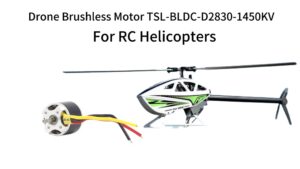 SL-BLDC-D2830-1450KV outrunner brushless DC motor and a 450-class RC helicopter demonstrating its application as a main power source