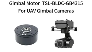 TSL-BLDC-GB4315 hollow-shaft brushless DC gimbal motor shown next to a professional UAV gimbal camera for stability and precision control