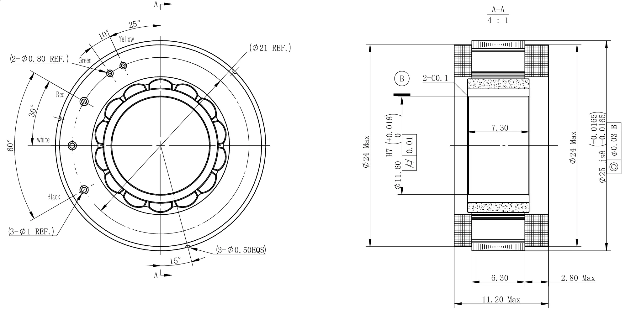 Engineering 2D CAD blueprint and pinout diagram for TSL-BLDC-U2510 frameless motor