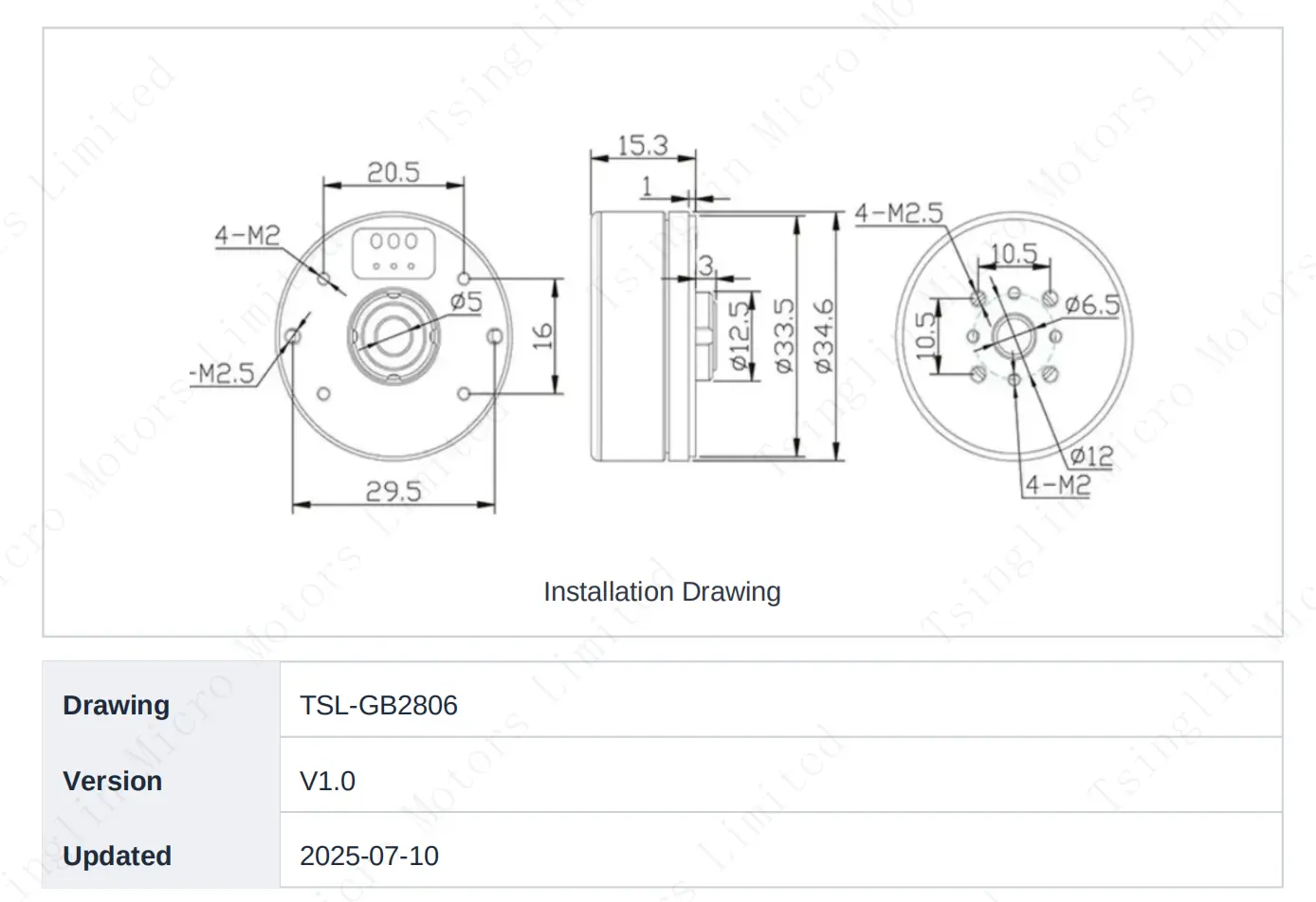 tsl gb2806 brushless gimbal motor dimensions drawing