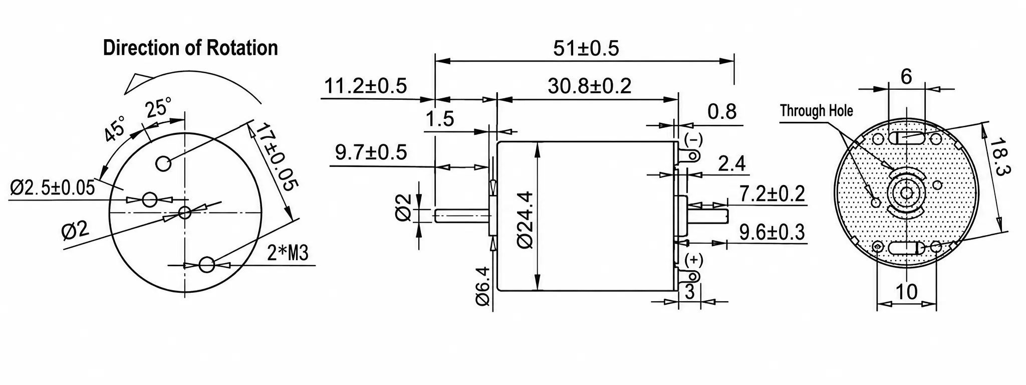 tsl rs370 dc motor dual shaft dimensions Mechanical diagram and dimension specifications of TSL-RS-370 dual shaft 370 DC motor with 51mm overall length
