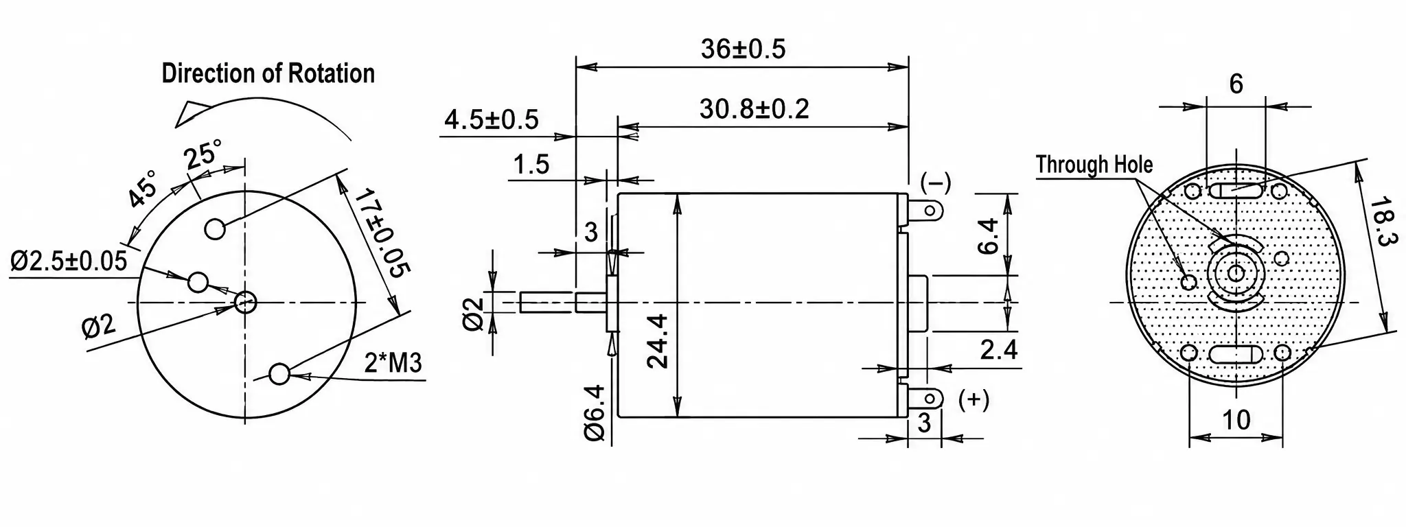 tsl rs370 dc motor single shaft dimensions Technical drawing and dimensions of TSL-RS-370 single shaft DC motor showing 36mm total length and 24.4mm diameter