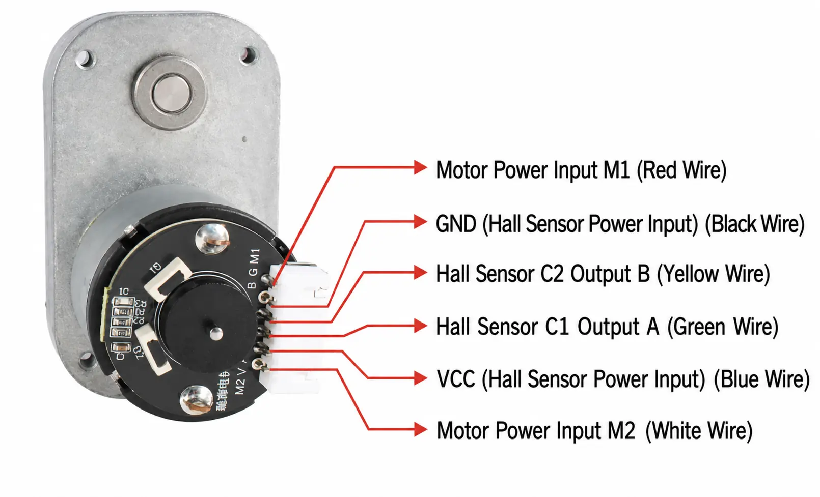 12v dc gear motor encoder pinout wiring colors Rear view wiring pinout definition for DC gear motor Hall encoder with color codes