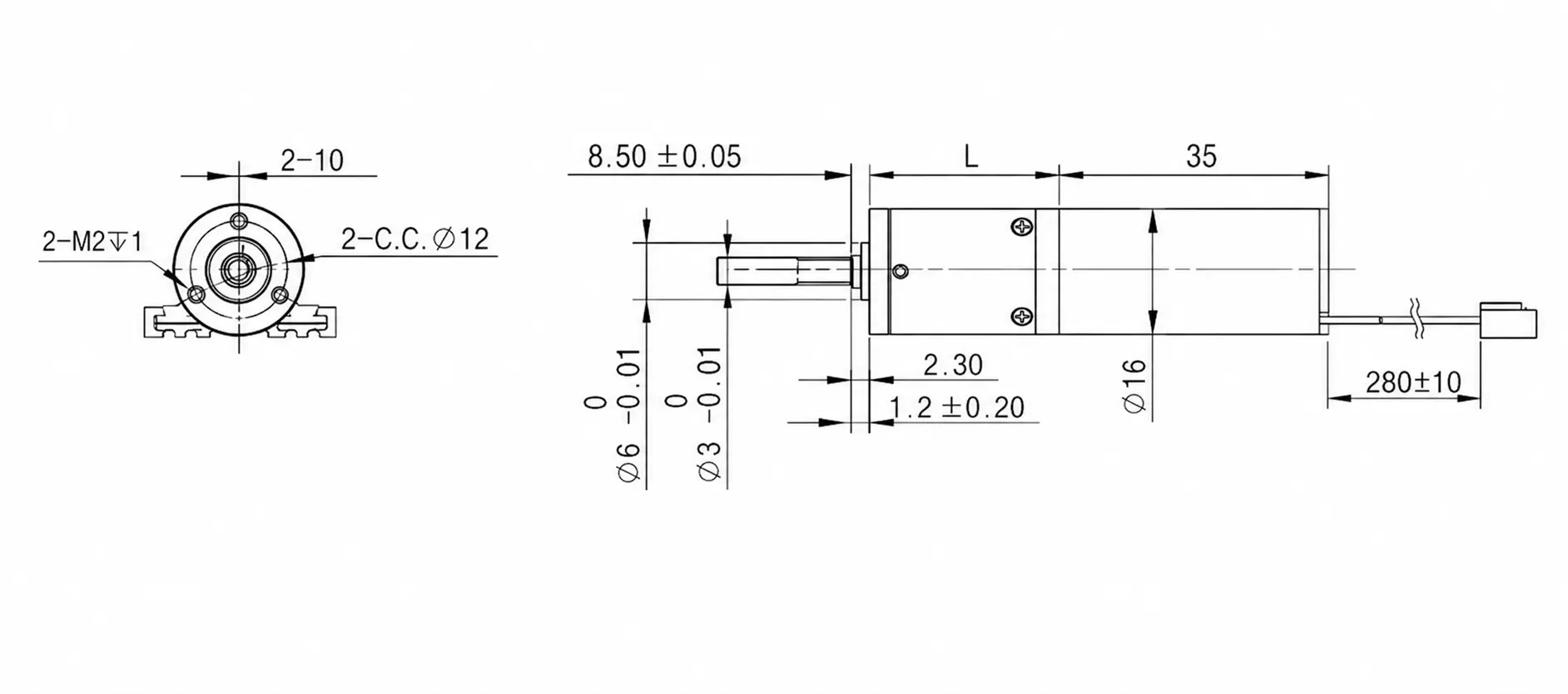 16mm dc gear motor tsl pg16 kw1636 drawing