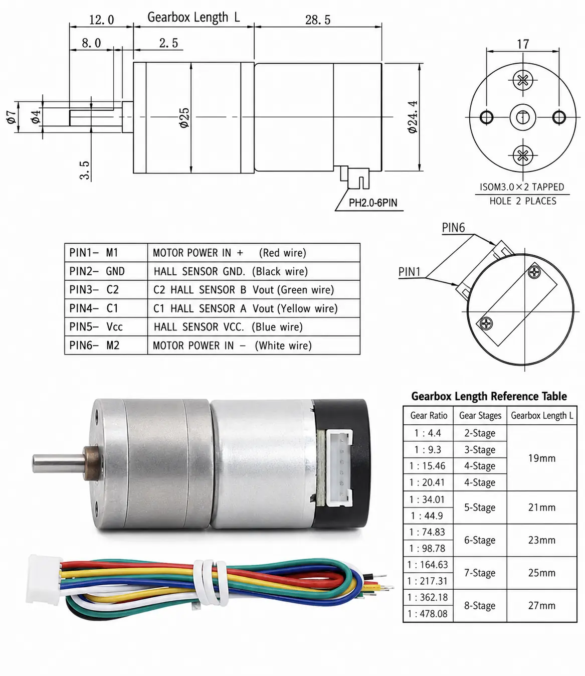 25mm encoder dc gear motor with rear cover dimensions 2D mechanical drawing and dimensional specifications for encoder DC motor with standard protective rear cover
