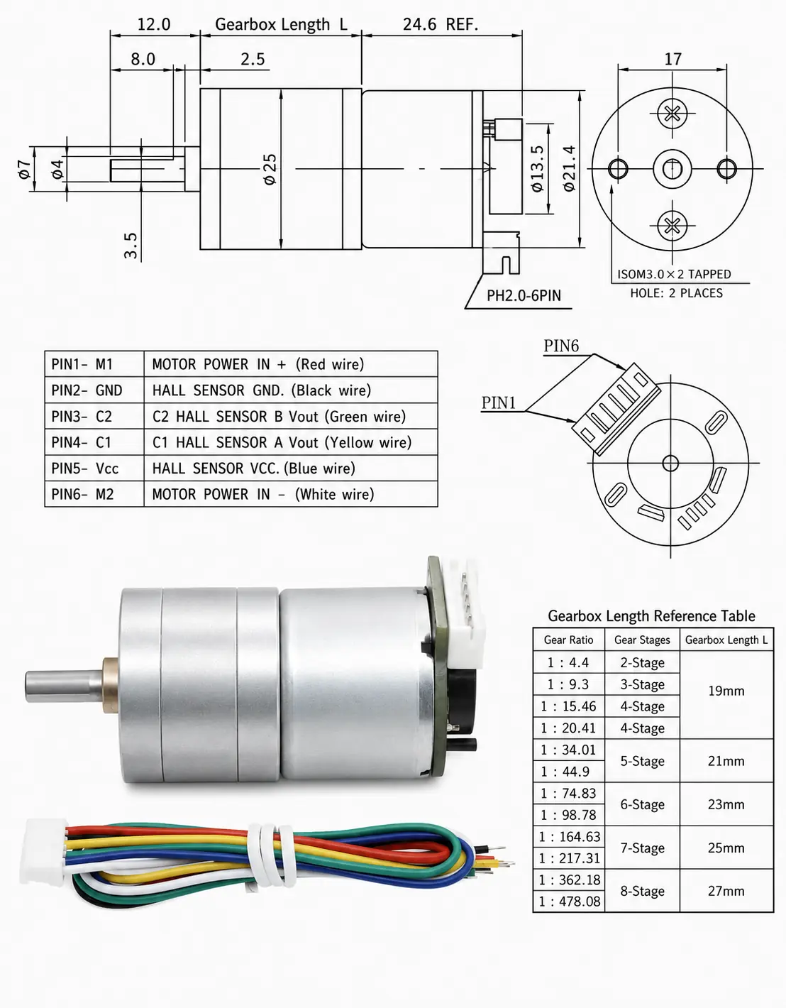 25mm encoder dc gear motor without rear cover dimensions 2D structural schematic and dimension layout for encoder DC gear motor variant without rear cover