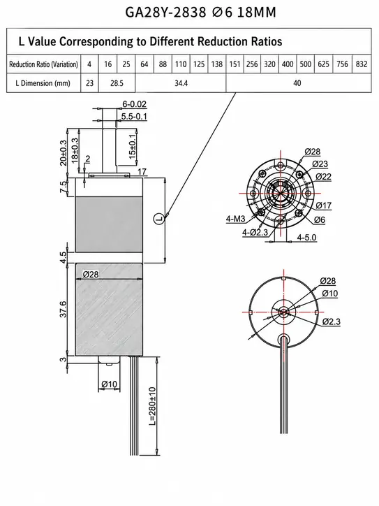 28mm planetary gearbox bldc motor dimensions echanical dimensions and technical drawing of TSL-GA28-2838 high torque BLDC motor with 6mm diameter shaft