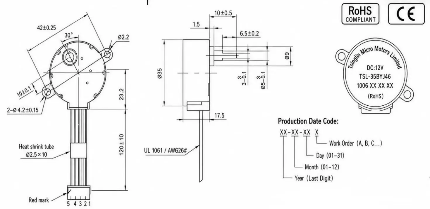 Technical dimension and specification blueprint drawing for 35BYJ46 louver motor