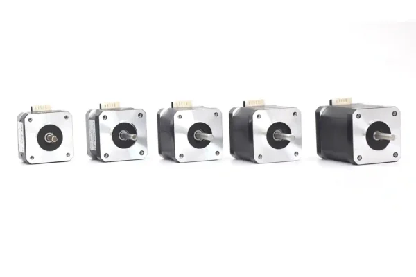 Front face view of five NEMA 17 42mm stepper motors showing D-cut shafts and mounting holes