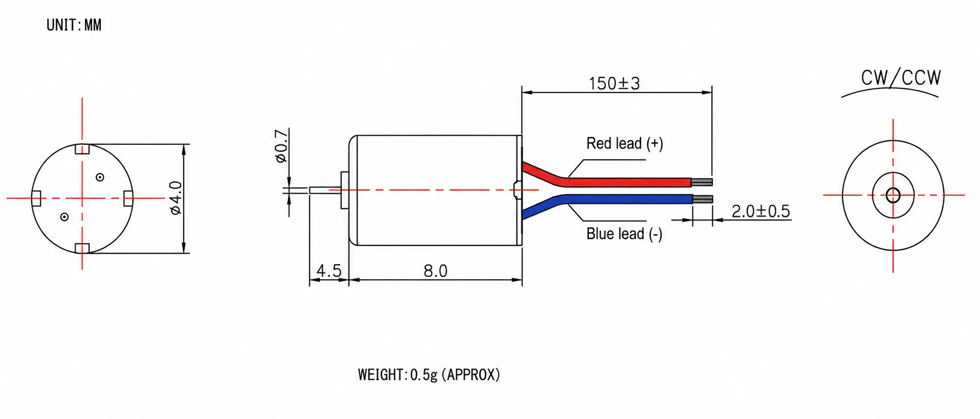Technical dimensional blueprint of 4mm diameter 408 coreless micro dc motor