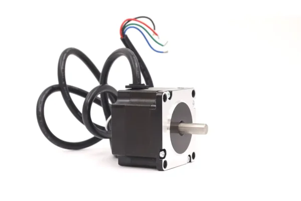 Front perspective of a 2-phase 57mm stepper motor showing the heavy-duty lead wire protection sleeve and wiring output