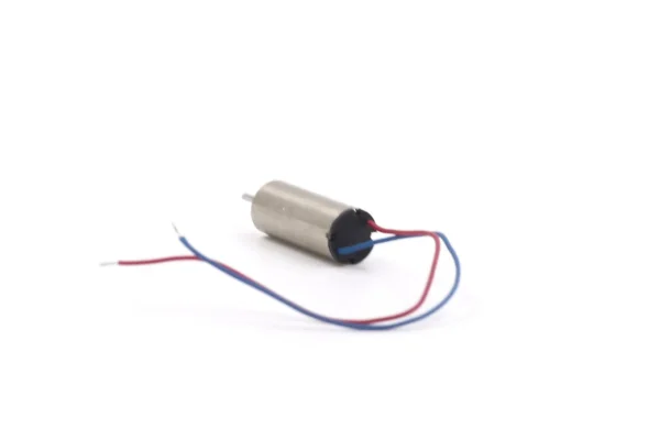 615 coreless motor rear view lead wires Rear view of 615 coreless motor showcasing the end cap and red/blue AWG lead wires