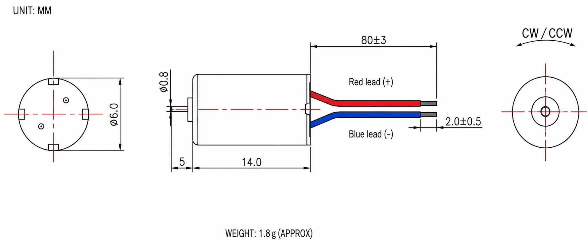 Mechanical dimension blueprint for TSL-CL0614 series 3.7V coreless DC motor