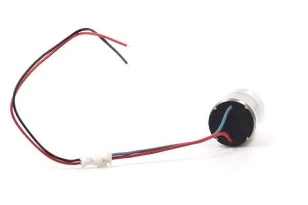 Rear end view of the 6v geared DC motor with spur gearbox illustrating lead wire solder joints