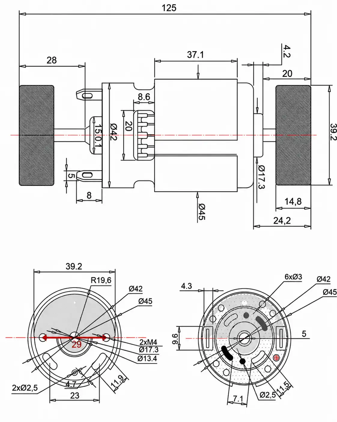 775 dc vibrating motor dimensions drawing Technical dimensions blueprint and drawing for the 775 DC vibrating motor