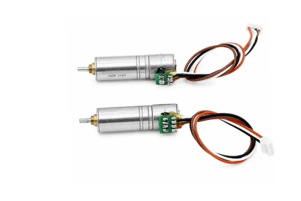 8mm micro geared stepper motor profile view Horizontal profile comparison of two 8mm micro geared stepper motors showing the metal gears housing