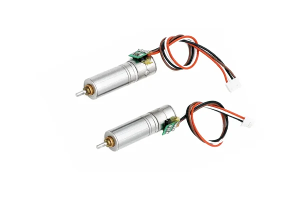 8mm micro geared stepper motor twin set Two TSL-PG8K64-SM08 8mm micro geared stepper motors showing wiring harnesses and small PCB connections