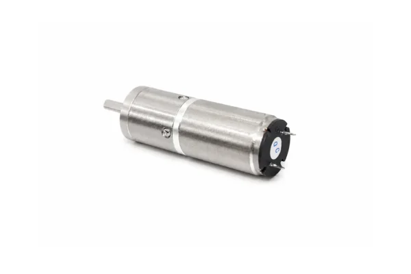 coreless brushed dc motor 16mm gearbox rear Rear view of 16mm planetary gear motor with coreless brushed DC motor terminals and QC passed sticker