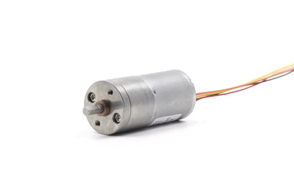 dc geared brushless motor front view Front-facing perspective of a compact DC geared brushless motor showing mounting holes