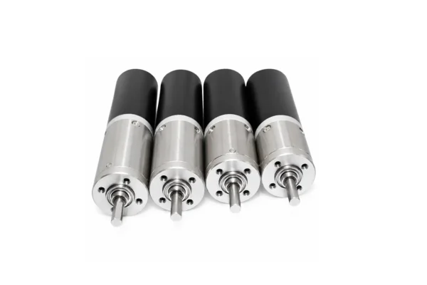 Front view of four 16mm micro DC planetary gear motors highlighting mounting holes and dual ball-bearing output shafts